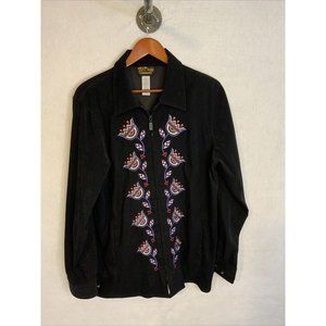 VTG BOB MACKIE Wearable Art Black Floral Zip Up Silver Buttons Embroidery Size L